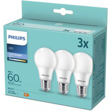 Set 3 becuri LED Philips A60, E27, 8W (60W), 806 lm, lumina rece (6500K)